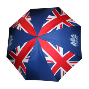 open umbrella with union jack flag printed on four alternate panels with the other four in royal blue