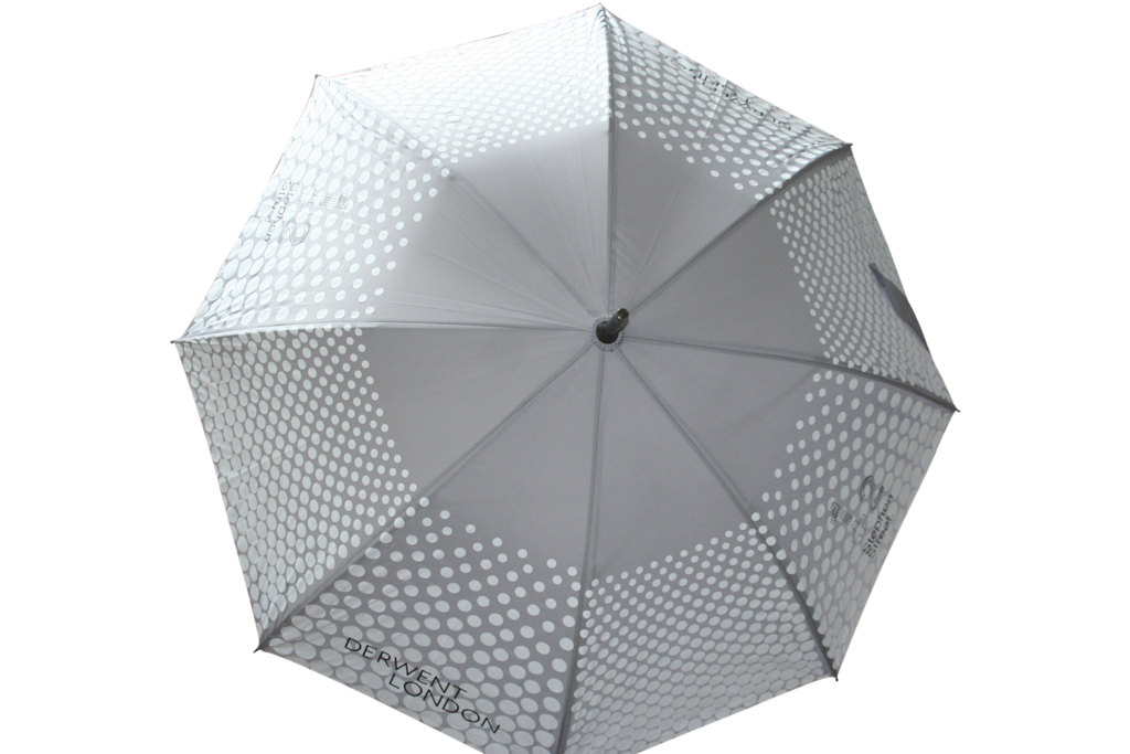 grey tonal circular screen print canopy on branded umbrella