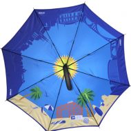 cartoon seaside graphic on underside of promtional umbrella