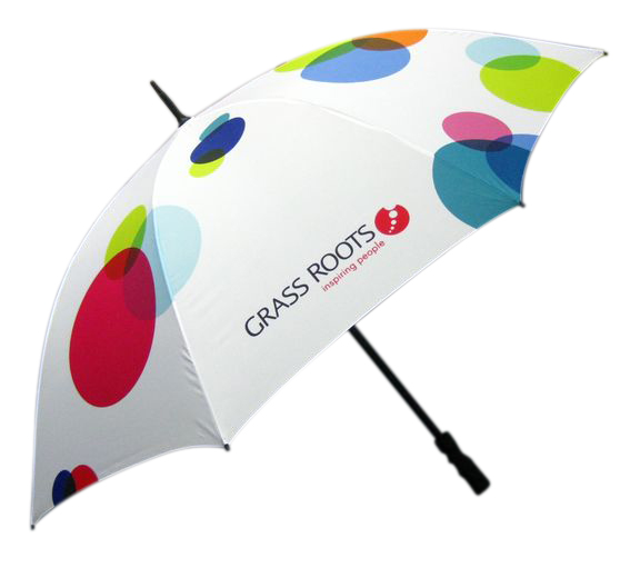 Multi coloured circular graphic printed branded umbrella