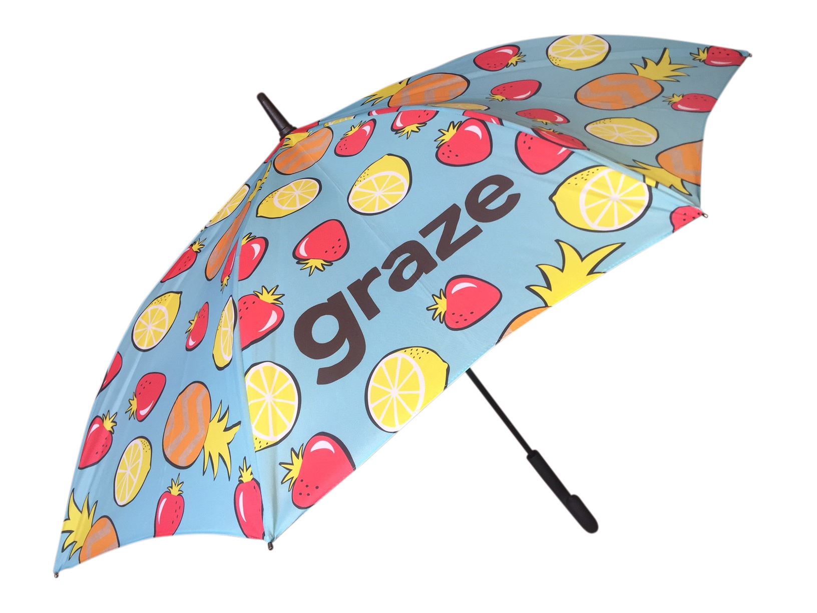 brightly printed umbrella with fruit graphics