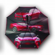 Graphic car print on underside of branded umbrella