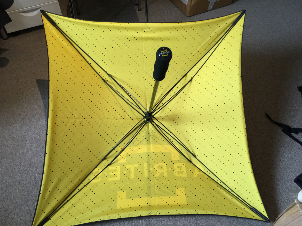 square umbrella with contrast colour logo and contrast colour underside