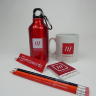 employee engagement ideas branded water bottle mug and pencils