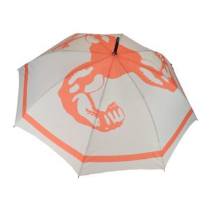 open umbrella with grey panels and coral colour logo of bicep muscles across all of the panels