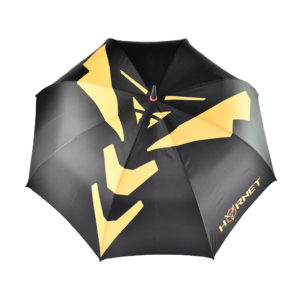 wasp print on umbrella is shown on black panels of umbrella with yellow print across all 8 panels