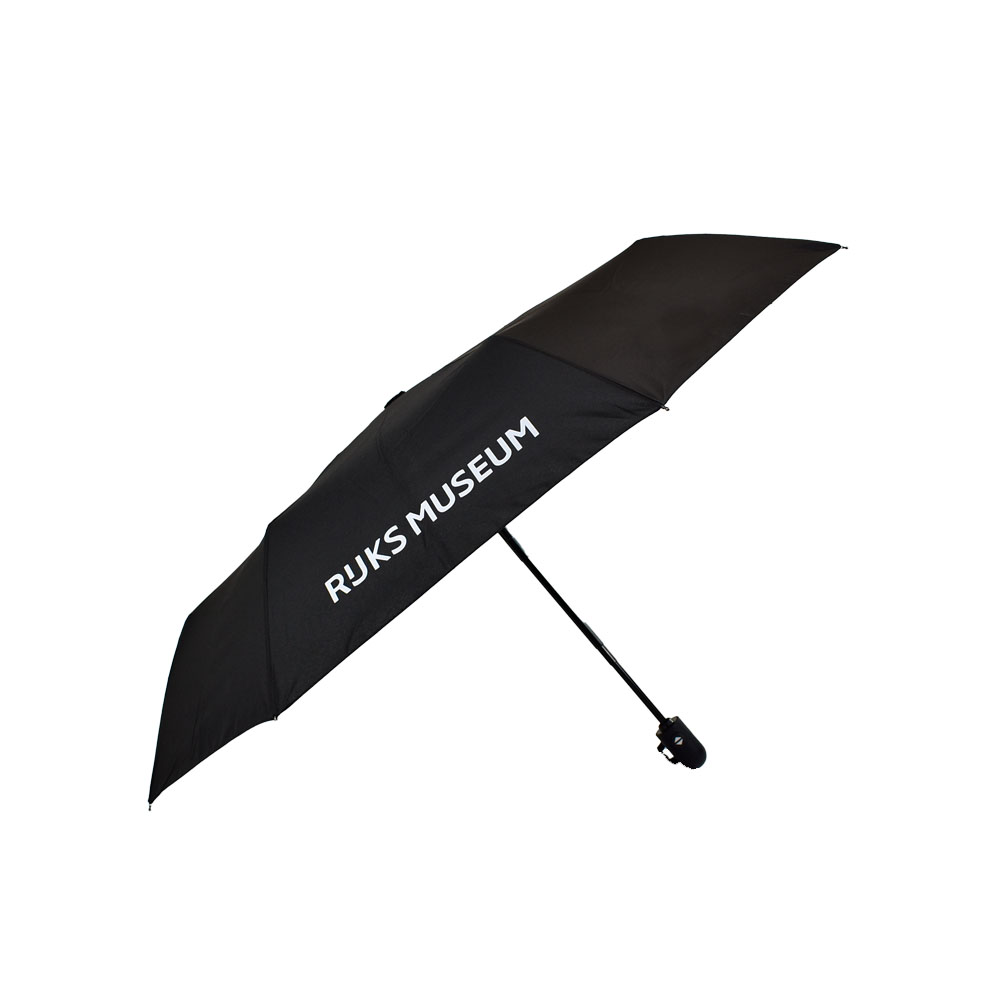 small folding black umbrella with white print