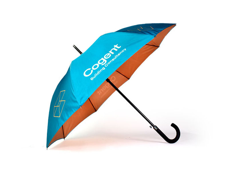 Double canopy branded umbrella in blue and orange