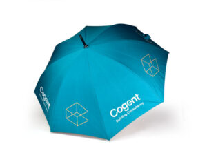 turquoise Pantone matched umbrella shown open for custom manufactured umbrella