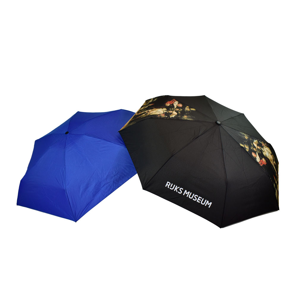 Branded Compact Automatic Folding Umbrella next to standard size automatic folding umbrella with black panels