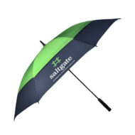 vented gold umbrella with top half in lighter bright green and lower half printed in navy blue with white Saltgate text logo