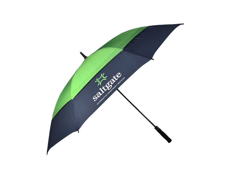 vented gold umbrella with top half in lighter bright green and lower half printed in navy blue with white Saltgate text logo