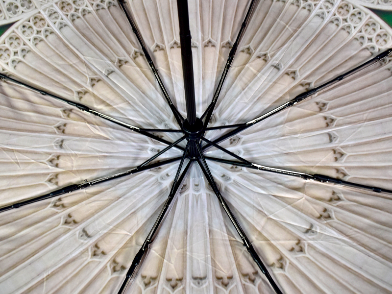 stained glass window print from Bath Abbey on inside of umbrella