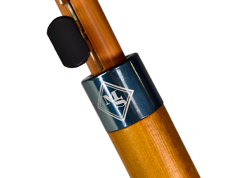 wood walker umbrella pole in light wood colour with engraved gun metal handle ring and black push button