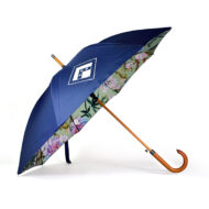 wood walker umbrella with purple top panels and printed on the inside panels