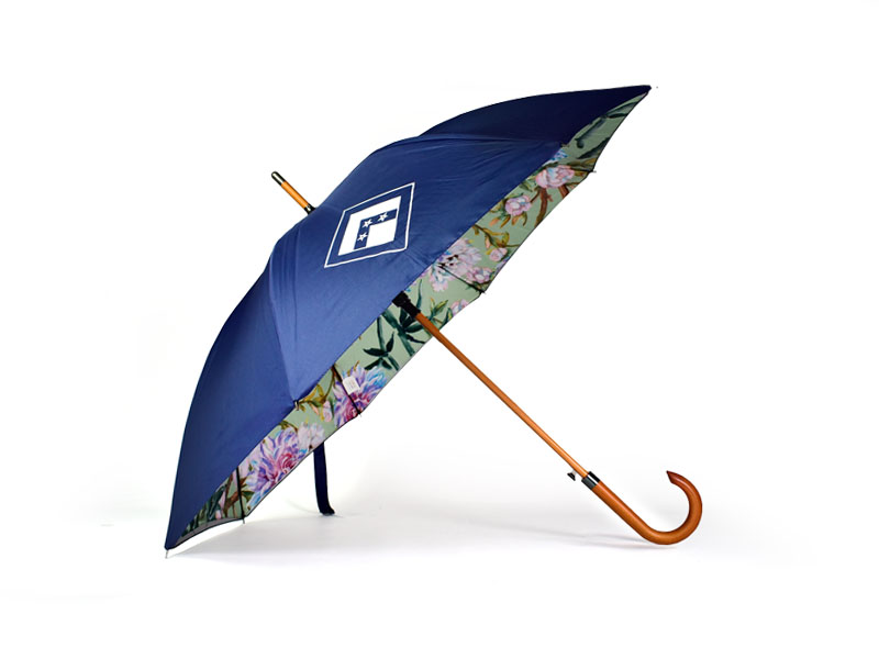 wood walker umbrella with purple top panels and printed on the inside panels