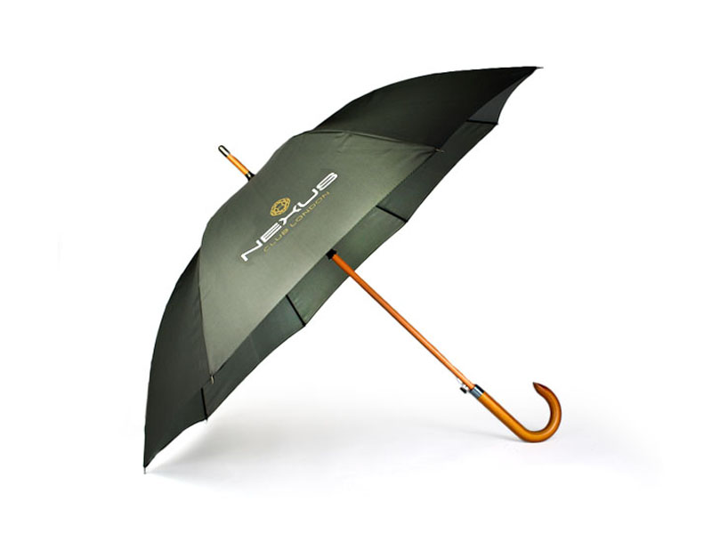 wooden handled umbrella with wooden pole and black umbrella panels