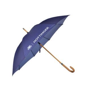 Side view of open umbrella in purple with white Hottinger logo text print on one panel