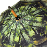 fine art print on wood walker umbrella, top of umbrella is showing with metal tip