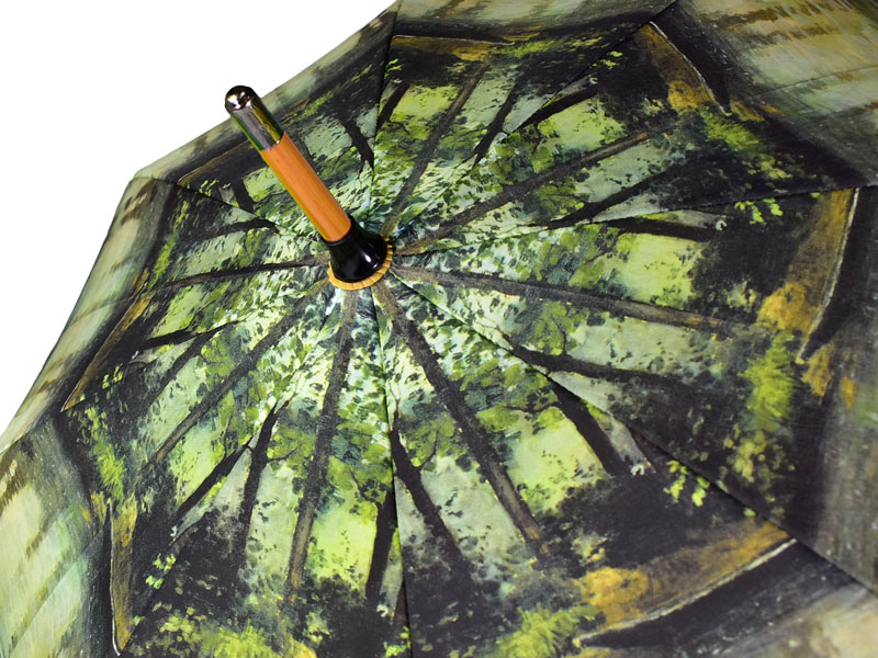 fine art print on wood walker umbrella, top of umbrella is showing with metal tip