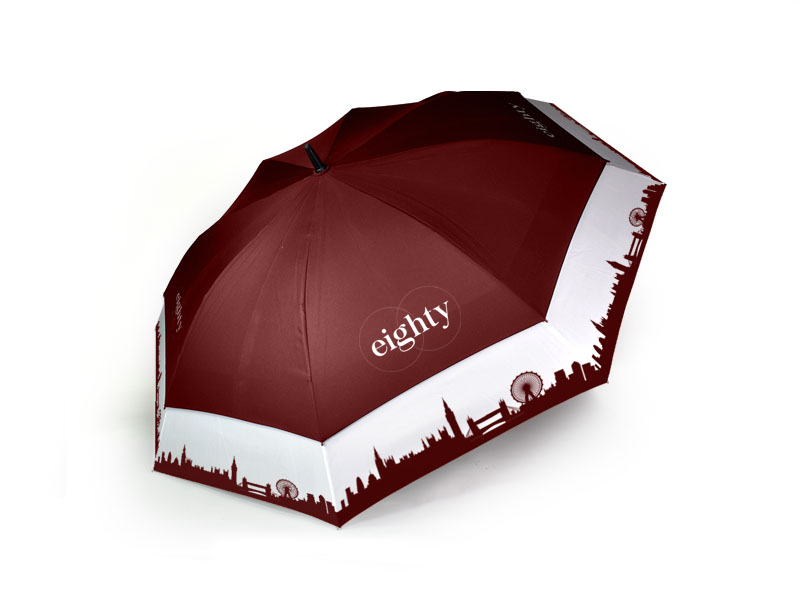 vented umbrella with city scape on edge of umbrella panels