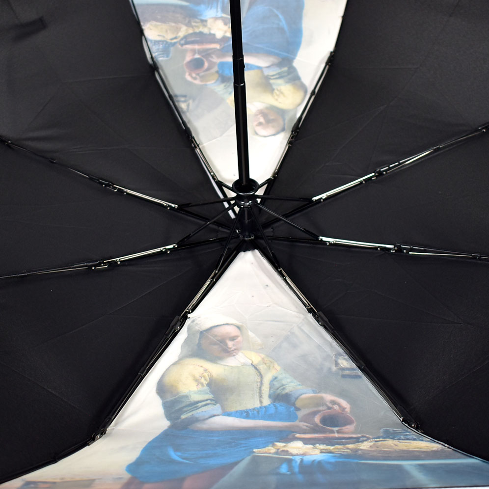 inside of an open umbrella showing a fine art print on two panels and six black panels