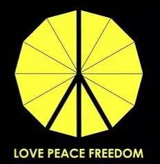 Hong Kong Umbrella Movement logo is on a black background with yellow outline of open umbrella with peace symbol through the middle