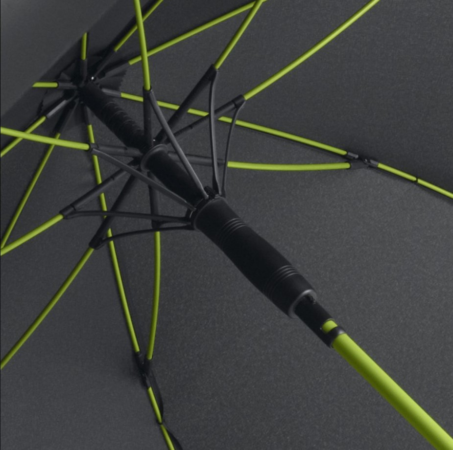 inside of black panel umbrella showing lime green umbrella frame and pole