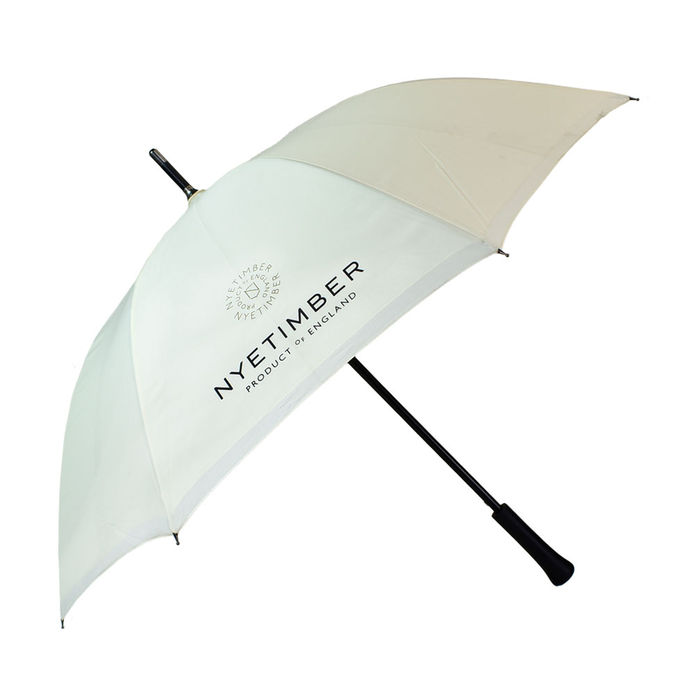 side view of cream coloured panels on golf umbrella with straight handle